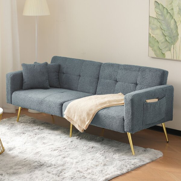 Convertible Sofa Bed with Adjustable Backrest, Sherpa Fabric and Gold Legs, Sleeper Sofa for Compact Rooms, 176L x 64W x 75H cm, Blue Aosom UK
