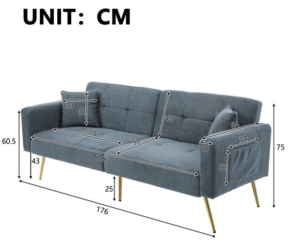 Convertible Sofa Bed with Adjustable Backrest, Sherpa Fabric and Gold Legs, Sleeper Sofa for Compact Rooms, 176L x 64W x 75H cm, Blue Aosom UK