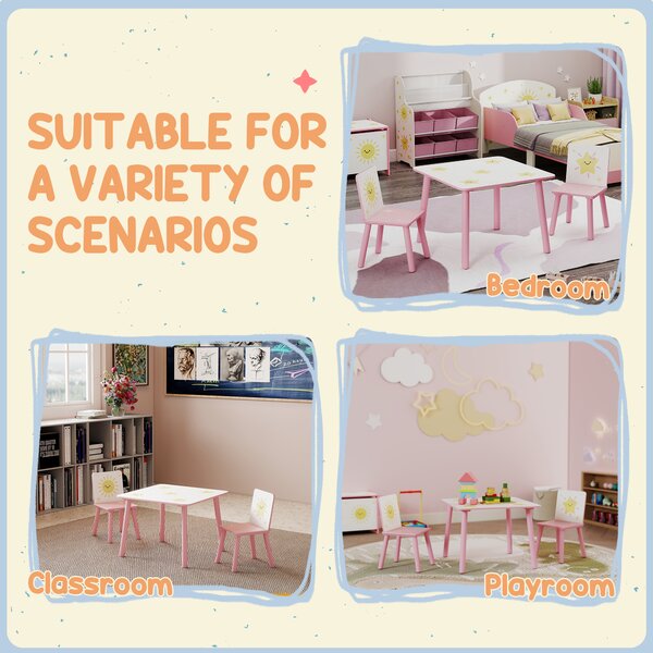AIYAPLAY 3-Piece Toddler Table and Chair Set, Kids Table with 2 Chairs Set for Bedroom, Nursery, Playroom, Pink