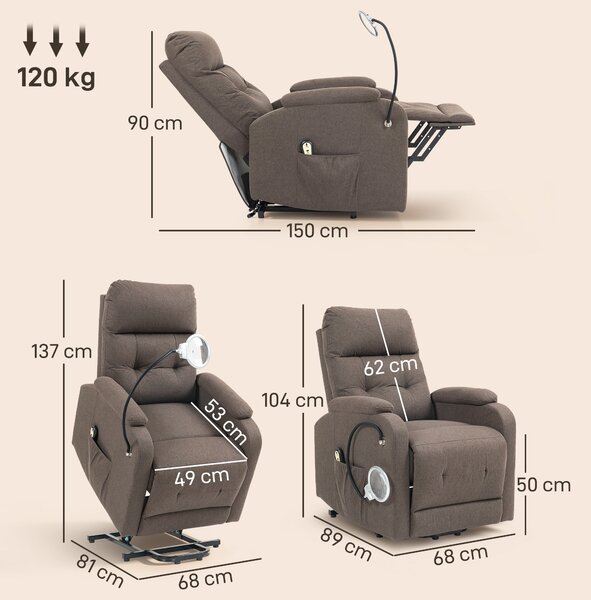HOMCOM Electric Rise/Recline Armchair, with Reading Light - Brown