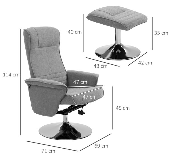 HOMCOM Swivel Recliner Chair with Footstool, Velvet Recliner Armchair with Ottoman, Steel Base, Upholstered Reclining Chair for Living Room, Bedroom, Office, Grey