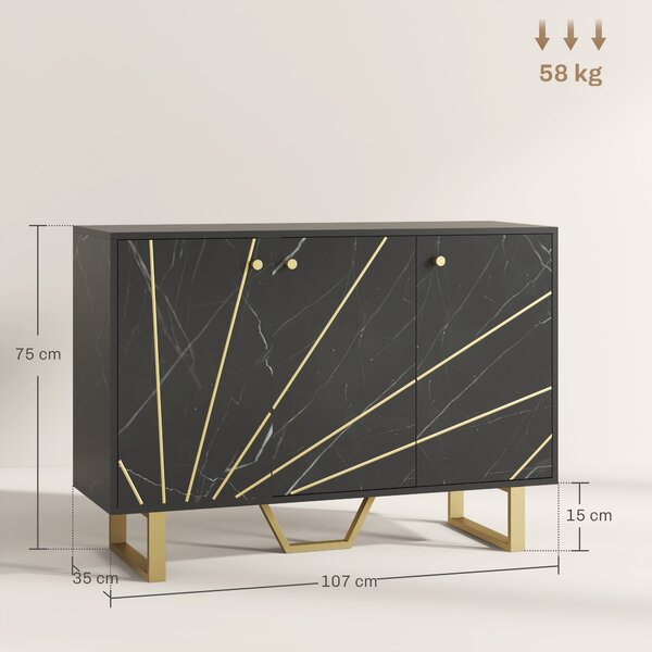 HOMCOM Sideboard Storage Cabinet, Modern Storage Cupboard with Adjustable Shelves and Metal Legs for Living Room, Kitchen, Dining Room, Entryway, Black Marble Tone