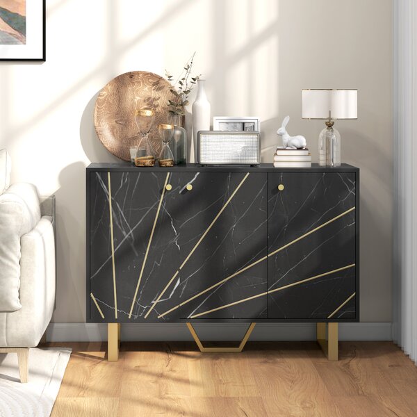 HOMCOM Sideboard Storage Cabinet, Modern Storage Cupboard with Adjustable Shelves and Metal Legs for Living Room, Kitchen, Dining Room, Entryway, Black Marble Tone