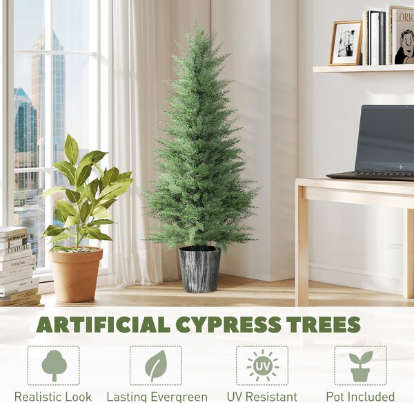 HOMCOM 135cm Artificial Cypress Trees Set of 2, UV Resistant Artificial Plants with Decorative Pot, Fake Plants for Indoor Outdoor Decor, Green
