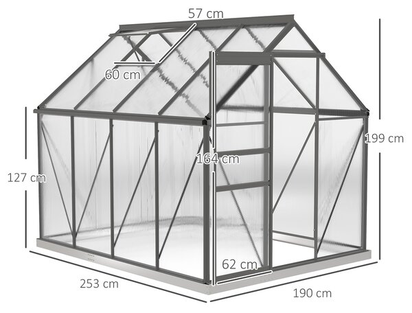 Outsunny 190 x 253 cm Walk-In Polycarbonate Greenhouse - Dark Grey