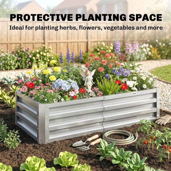 Outsunny Raised Beds for Garden, Galvanized Outdoor Planters, for Herbs and Vegetables, Use for Patio, Backyard, Balcony, Silver
