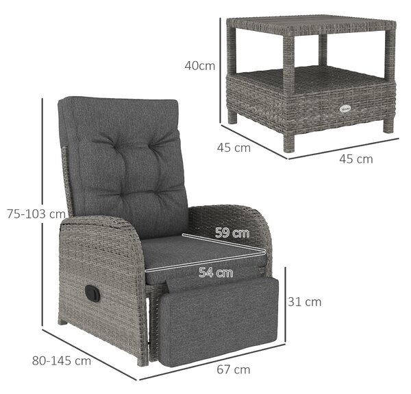Outsunny 2 Seater Patio Rattan Wicker Chaise Lounge Sofa Set w/ Cushion for Patio Garden Porch, Grey