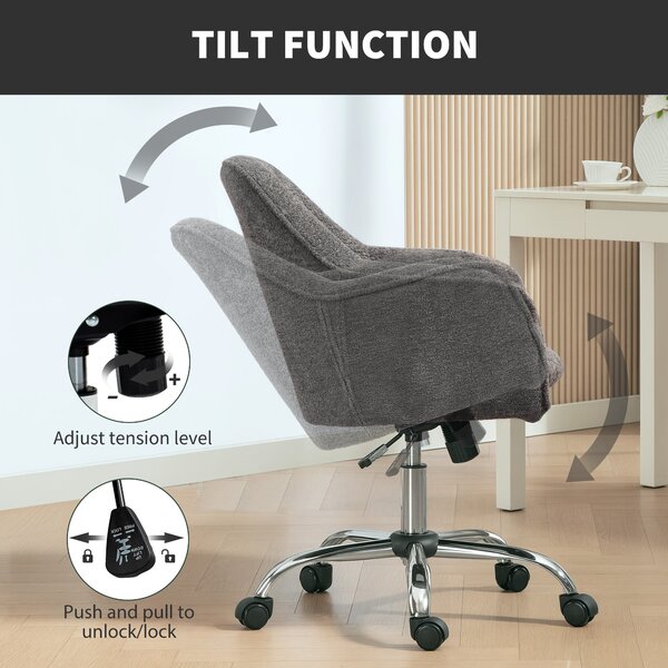 HOMCOM Velvet Vanity Chair with Wheels, Modern Swivel Accent Chair for Makeup Desk & Bedroom, Adjustable Height Rolling Chair, Grey Aosom UK