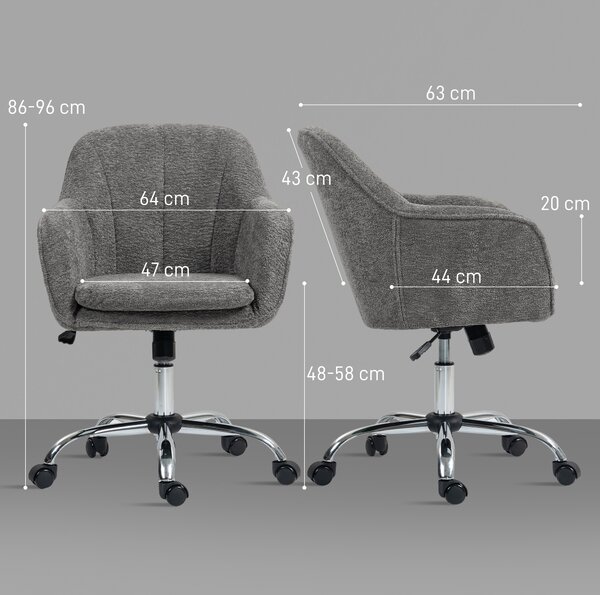 HOMCOM Velvet Vanity Chair with Wheels, Modern Swivel Accent Chair for Makeup Desk & Bedroom, Adjustable Height Rolling Chair, Grey Aosom UK