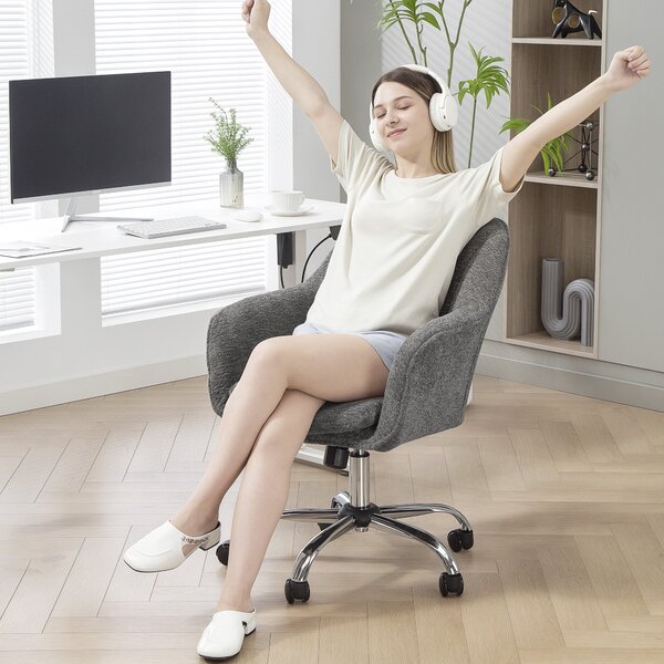 HOMCOM Velvet Vanity Chair with Wheels, Modern Swivel Accent Chair for Makeup Desk & Bedroom, Adjustable Height Rolling Chair, Grey Aosom UK