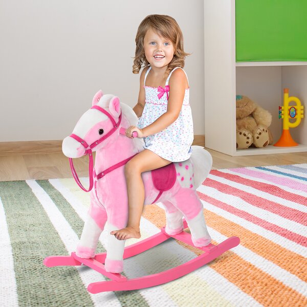 HOMCOM Childrens Plush Rocking Horse with Sound-Pink Aosom UK