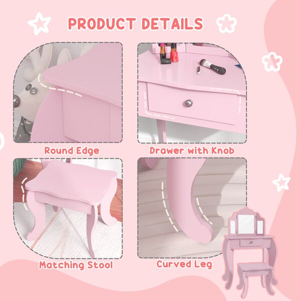 HOMCOM Kids Vanity Table and Chair Set with Tri-Folding Mirror and Stool, Makeup Dressing Table with Drawer, Pink