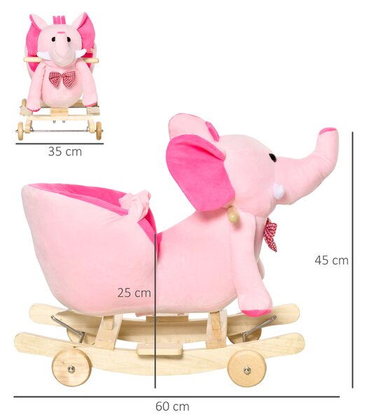 HOMCOM 2 In 1 Plush Baby Ride on Rocking Horse Elephant Rocker with Wheels Wooden Toy for Kids 32 Songs (Pink)