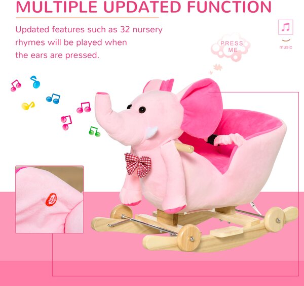 HOMCOM 2 In 1 Plush Baby Ride on Rocking Horse Elephant Rocker with Wheels Wooden Toy for Kids 32 Songs (Pink)
