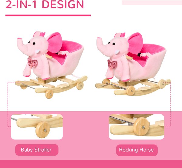 HOMCOM 2 In 1 Plush Baby Ride on Rocking Horse Elephant Rocker with Wheels Wooden Toy for Kids 32 Songs (Pink)