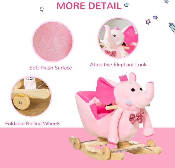 HOMCOM 2 In 1 Plush Baby Ride on Rocking Horse Elephant Rocker with Wheels Wooden Toy for Kids 32 Songs (Pink)