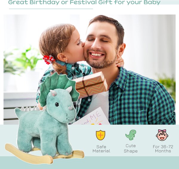 HOMCOM Kids Plush Ride-On Rocking Horse Triceratops-shaped Plush Toy Rocker with Realistic Sounds for Child 36-72 Months Dark Green