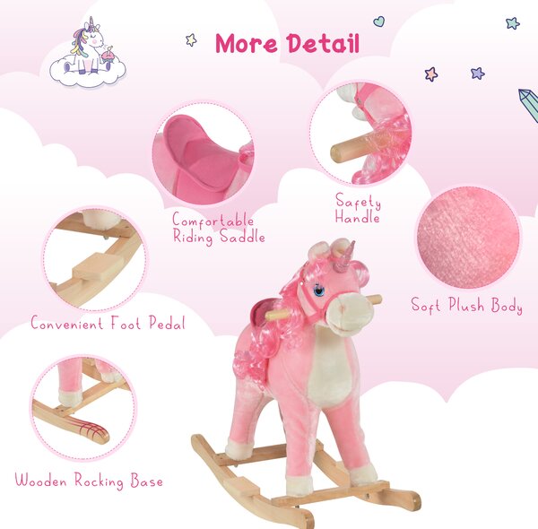 HOMCOM Unicorn Rocking Horse for Kids, Plush Ride On with Sound Effects, Soft, Pink Aosom UK