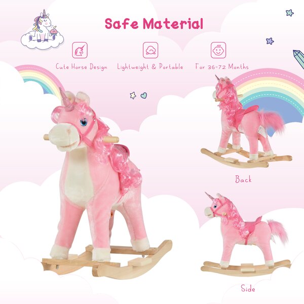 HOMCOM Unicorn Rocking Horse for Kids, Plush Ride On with Sound Effects, Soft, Pink Aosom UK