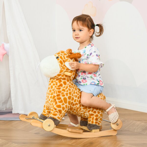 HOMCOM 2-IN-1 Kids Plush Ride-On Rocking Gliding Horse Giraffe-shaped Plush Toy Rocker with Realistic Sounds for Child 36-72 Months Yellow Aosom UK