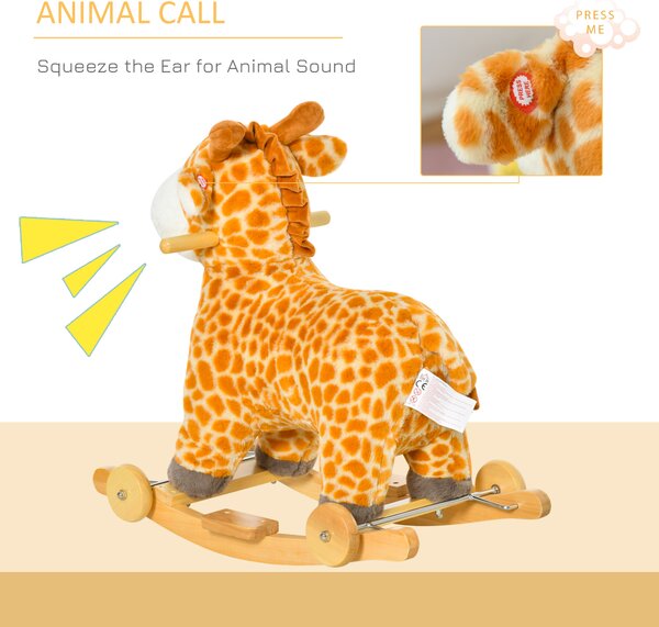 HOMCOM 2-IN-1 Kids Plush Ride-On Rocking Gliding Horse Giraffe-shaped Plush Toy Rocker with Realistic Sounds for Child 36-72 Months Yellow Aosom UK