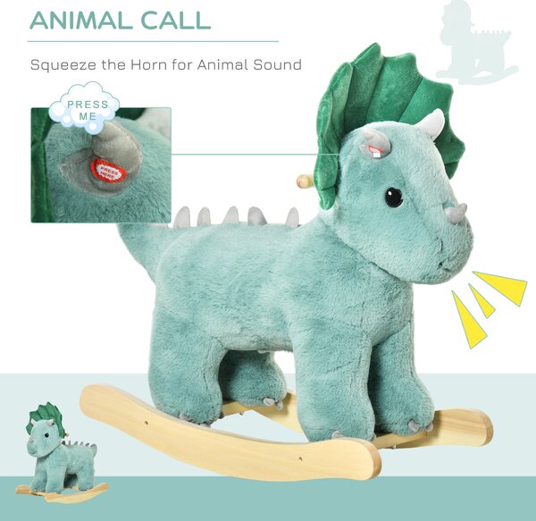 HOMCOM Kids Plush Ride-On Rocking Horse Triceratops-shaped Plush Toy Rocker with Realistic Sounds for Child 36-72 Months Dark Green