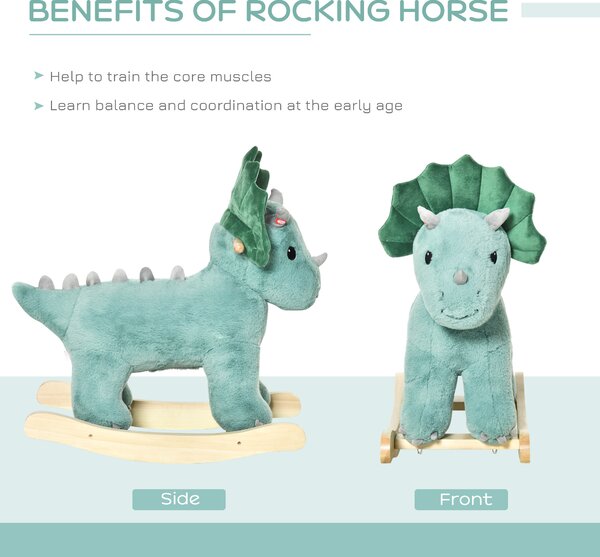 HOMCOM Kids Plush Ride-On Rocking Horse Triceratops-shaped Plush Toy Rocker with Realistic Sounds for Child 36-72 Months Dark Green