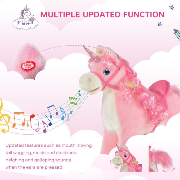 HOMCOM Unicorn Rocking Horse for Kids, Plush Ride On with Sound Effects, Soft, Pink Aosom UK