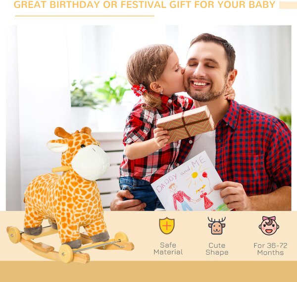 HOMCOM 2-IN-1 Kids Plush Ride-On Rocking Gliding Horse Giraffe-shaped Plush Toy Rocker with Realistic Sounds for Child 36-72 Months Yellow Aosom UK
