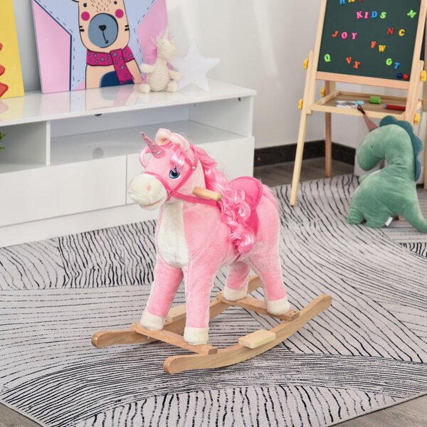 HOMCOM Unicorn Rocking Horse for Kids, Plush Ride On with Sound Effects, Soft, Pink Aosom UK