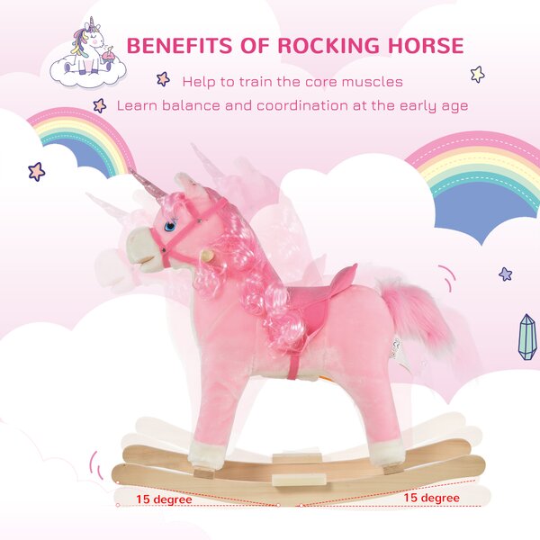 HOMCOM Unicorn Rocking Horse for Kids, Plush Ride On with Sound Effects, Soft, Pink Aosom UK