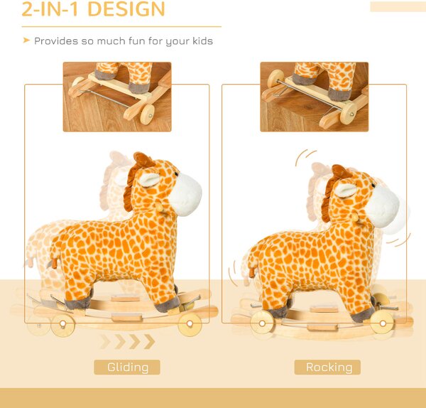 HOMCOM 2-IN-1 Kids Plush Ride-On Rocking Gliding Horse Giraffe-shaped Plush Toy Rocker with Realistic Sounds for Child 36-72 Months Yellow Aosom UK
