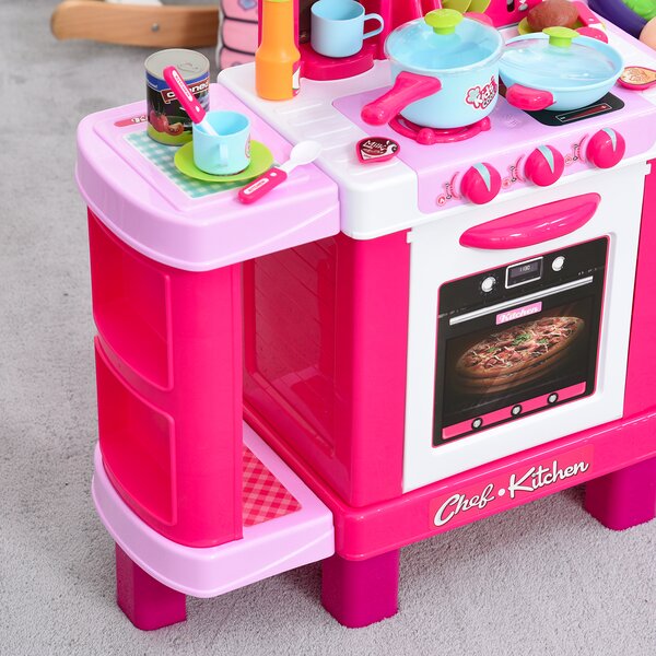 HOMCOM 38-Piece Children's Kitchen Play Set w/ Realistic Sounds Lights Food Utensils Pots Pans Appliances