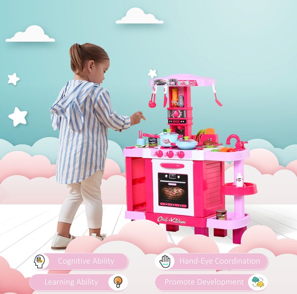 HOMCOM 38-Piece Children's Kitchen Play Set w/ Realistic Sounds Lights Food Utensils Pots Pans Appliances