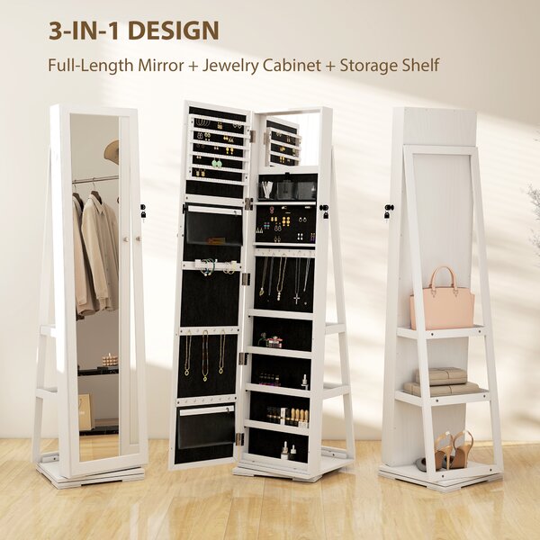 HOMCOM Lockable Jewellery Cabinet with 360° Swivel Base, Full-Length Mirror & Built-In Smaller Mirror, White