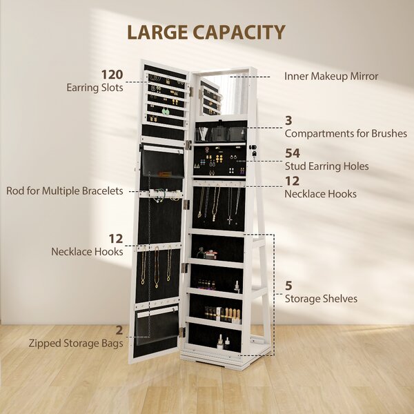 HOMCOM Lockable Jewellery Cabinet with 360° Swivel Base, Full-Length Mirror & Built-In Smaller Mirror, White
