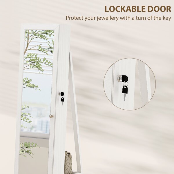 HOMCOM Lockable Jewellery Cabinet with 360° Swivel Base, Full-Length Mirror & Built-In Smaller Mirror, White