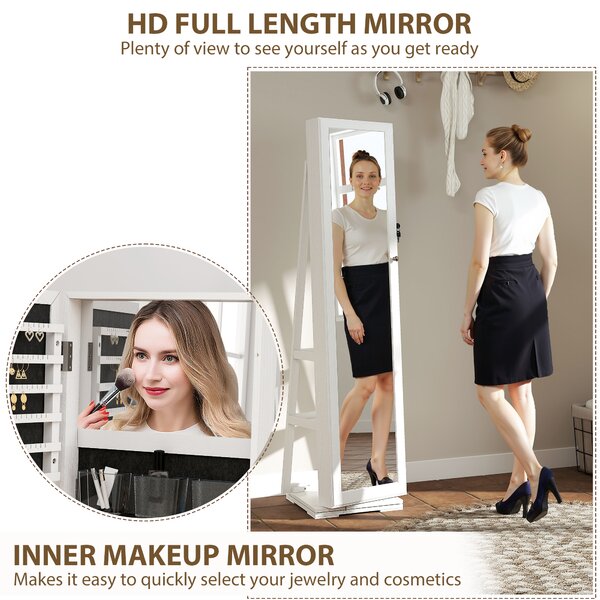 HOMCOM Lockable Jewellery Cabinet with 360° Swivel Base, Full-Length Mirror & Built-In Smaller Mirror, White