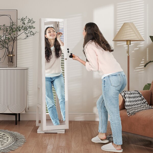 HOMCOM Lockable Jewellery Cabinet with 360° Swivel Base, Full-Length Mirror & Built-In Smaller Mirror, White