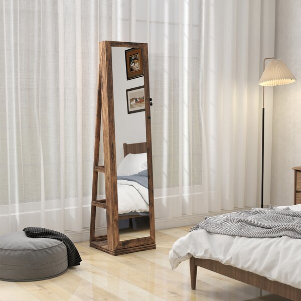 HOMCOM 360° Swivel Jewellery Cabinet, Mirror Armoire, Full Length Mirror, Lockable Jewellery Organiser with Built-In Small Mirror, Rustic Brown