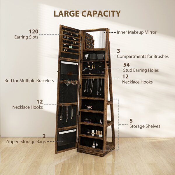 HOMCOM 360° Swivel Jewellery Cabinet, Mirror Armoire, Full Length Mirror, Lockable Jewellery Organiser with Built-In Small Mirror, Rustic Brown