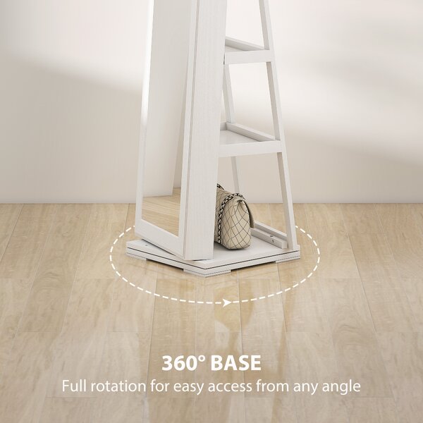 HOMCOM Lockable Jewellery Cabinet with 360° Swivel Base, Full-Length Mirror & Built-In Smaller Mirror, White