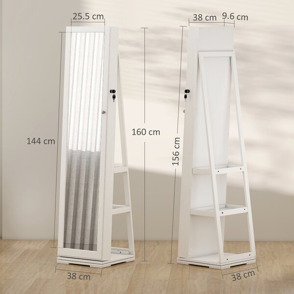 HOMCOM Lockable Jewellery Cabinet with 360° Swivel Base, Full-Length Mirror & Built-In Smaller Mirror, White