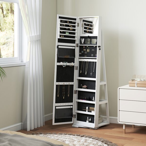 HOMCOM Lockable Jewellery Cabinet with 360° Swivel Base, Full-Length Mirror & Built-In Smaller Mirror, White