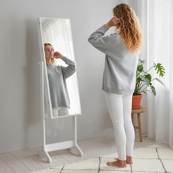 HOMCOM Lockable Jewellery Cabinet with Full-Length Mirror, Armoire Organiser for Bedroom Dressing Room, White Aosom UK