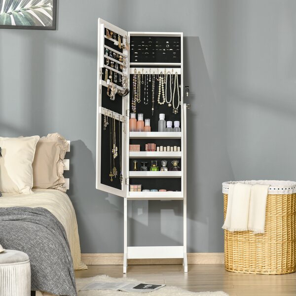 HOMCOM Lockable Jewellery Cabinet with Full-Length Mirror, Armoire Organiser for Bedroom Dressing Room, White Aosom UK