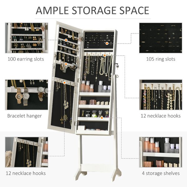 HOMCOM Lockable Jewellery Cabinet with Full-Length Mirror, Armoire Organiser for Bedroom Dressing Room, White Aosom UK