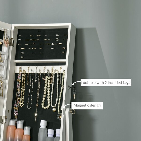 HOMCOM Lockable Jewellery Cabinet with Full-Length Mirror, Armoire Organiser for Bedroom Dressing Room, White Aosom UK