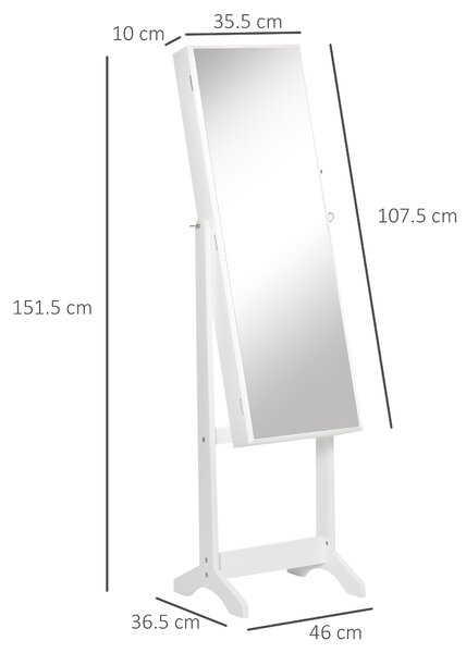 HOMCOM Lockable Jewellery Cabinet with Full-Length Mirror, Armoire Organiser for Bedroom Dressing Room, White Aosom UK