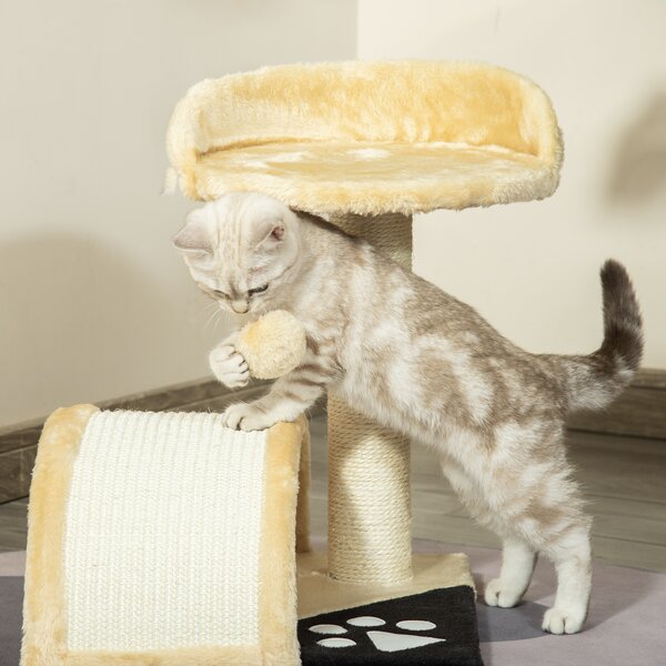PawHut Cat Scratching Tree, Post with Activity Centre, Climber, Hanging Ball, Plush Cover, Beige Aosom UK